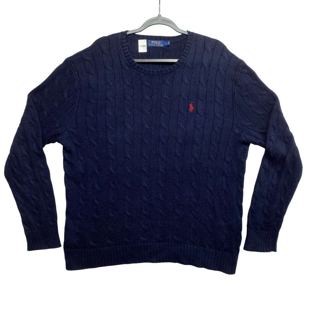 Polo Ralph Lauren Sweater Mens L Navy Blue Cable Knit Crew Neck Pony Logo